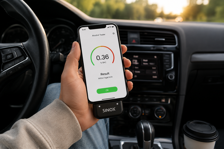 SINOX SXT120 breathalyzer connected to a smartphone in a car