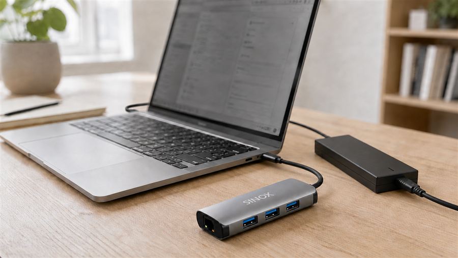 SINOX networking and power accessories in a home office setup